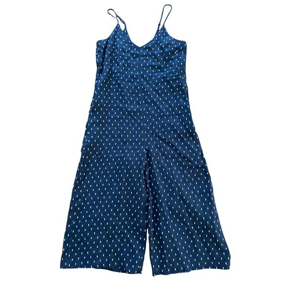 Athleta La Paz Jumpsuit Romper Size 2 Polka Dot Navy Linen Cropped Wide Leg - Picture 1 of 9